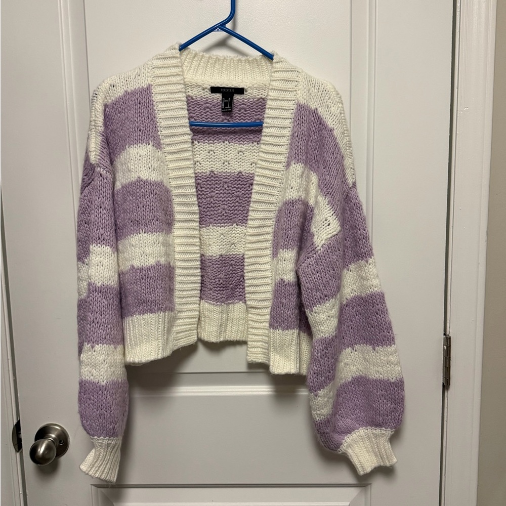Forever 21 Lavender & Cream Striped Chunky Open-Front Cardigan
